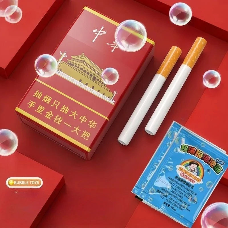 A red box containing a novelty cigarette bubble blower is shown next to the product.