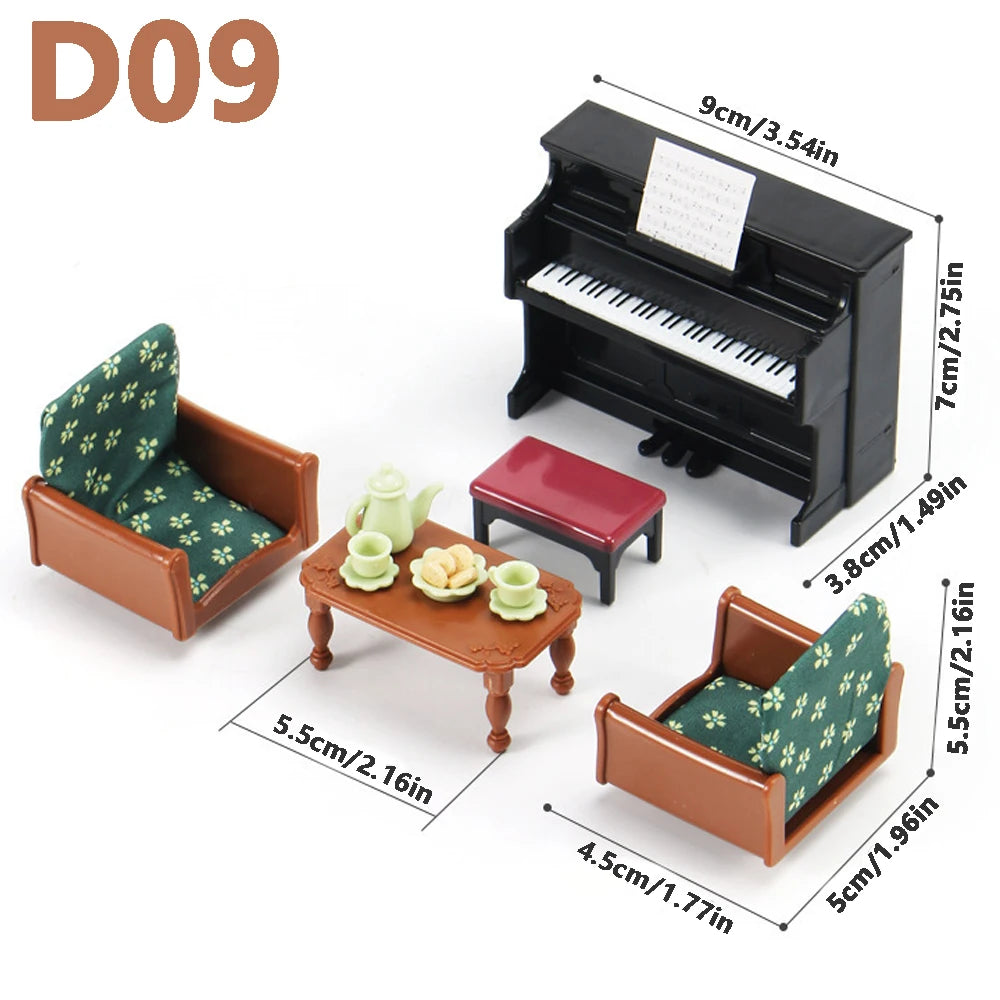 A set of 1:12 scale dollhouse furniture including a piano, chair, and small table accessories.