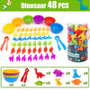 A set of 48 dinosaur sorting and counting toys in various colors and shapes for children.