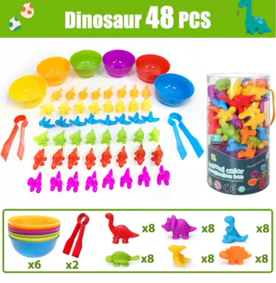 A set of 48 dinosaur sorting and counting toys in various colors and shapes for children.