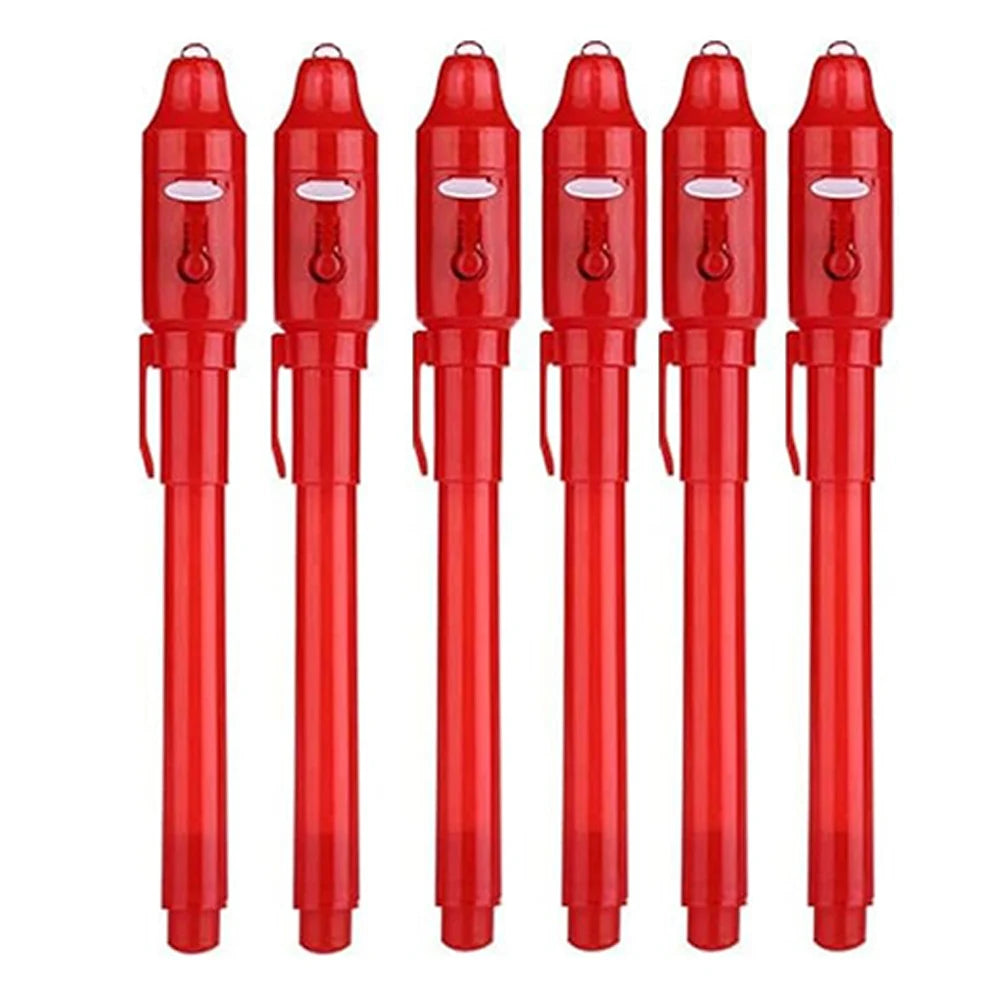 A set of five red invisible ink spy pens with UV light for secret messages