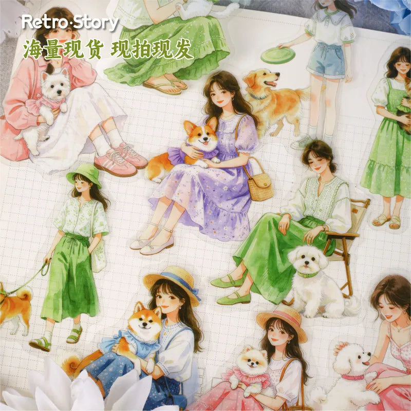 A collection of aesthetic character and animal decals featuring girls and pets on a grid background.