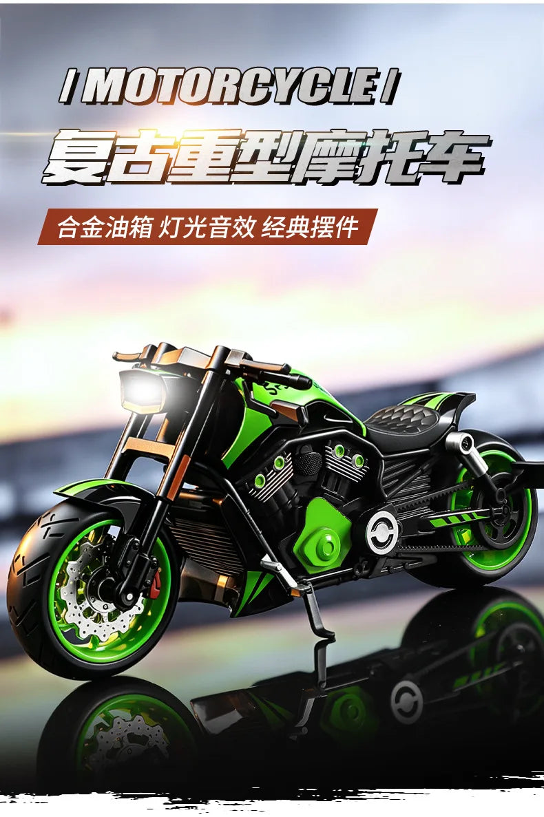 A detailed die-cast model of a green and black motorcycle with gold accents, shown in a dynamic angle.