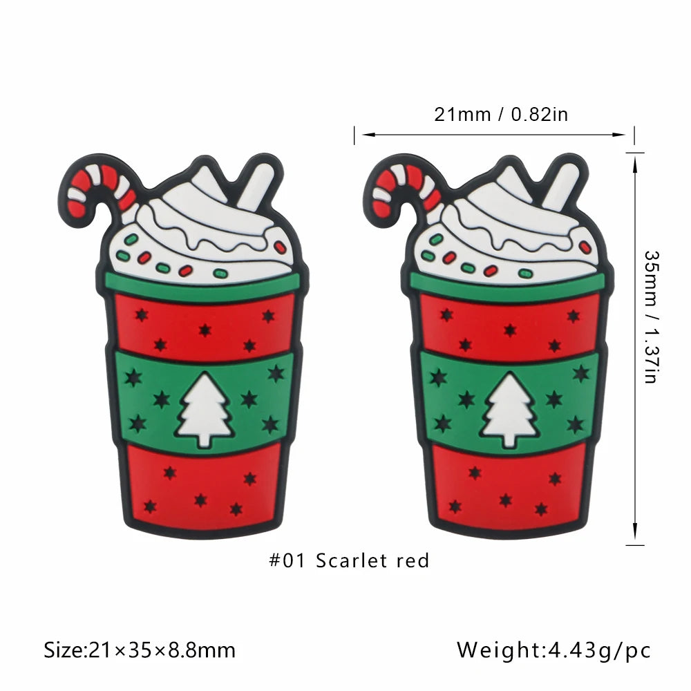 Scarlet red festive Christmas silicone bead shaped like a cup with a tree on it