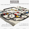 A play mat featuring a city road map with various cars and road signs for developing children's imagination.