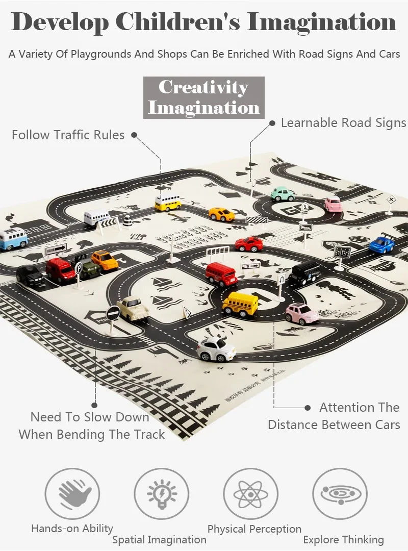 A play mat featuring a city road map with various cars and road signs for developing children's imagination.