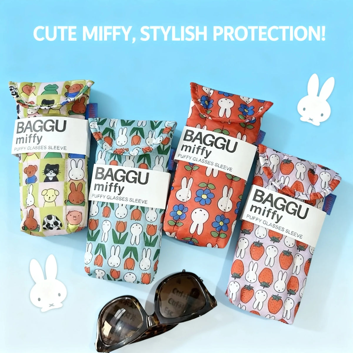 Several bags of Miffy rabbit plush toys in various patterns are displayed with a pair of sunglasses.