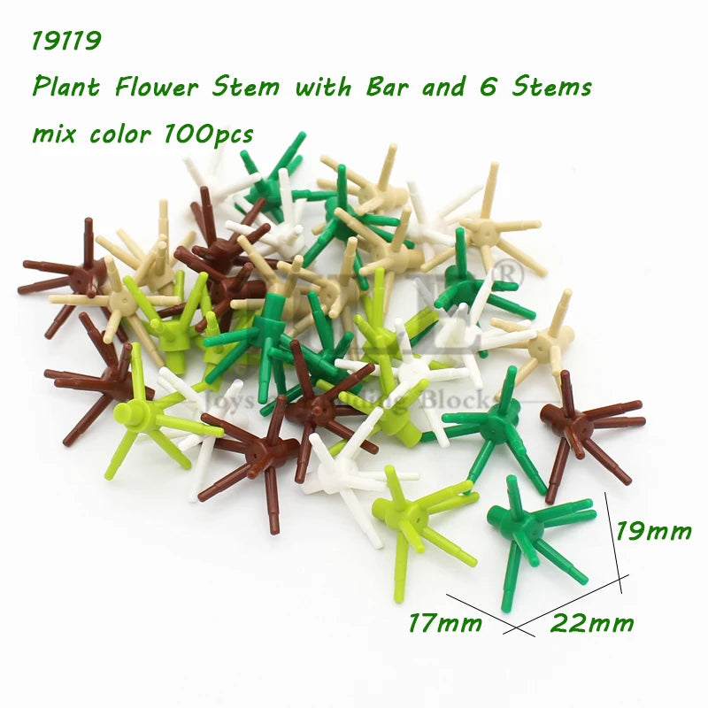 A collection of plant flower stem building blocks in various colors including brown, green, and white.