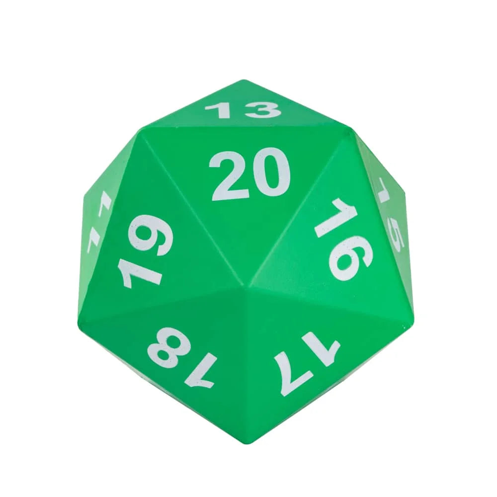 A green D20 polyhedral dice showing the number 20 on one face.