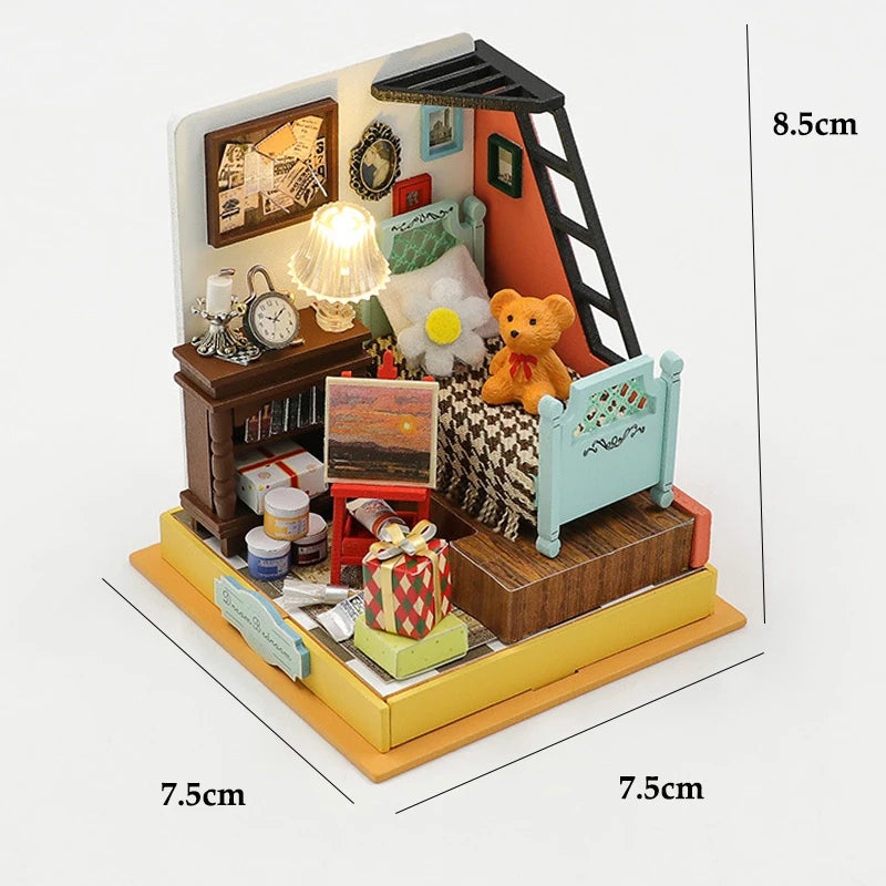 A miniature DIY wooden dollhouse featuring furniture, decorative items, and an LED lighting kit.