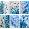 A collage of blue butterflies flying over the ocean waves and sea foam, suitable for a diamond painting kit.