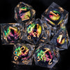 A collection of seven liquid core resin polyhedral dice, including a d10 and d12, displayed against a black background.
