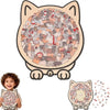 A wooden cat-shaped jigsaw puzzle featuring a crowd of cats and a red number.