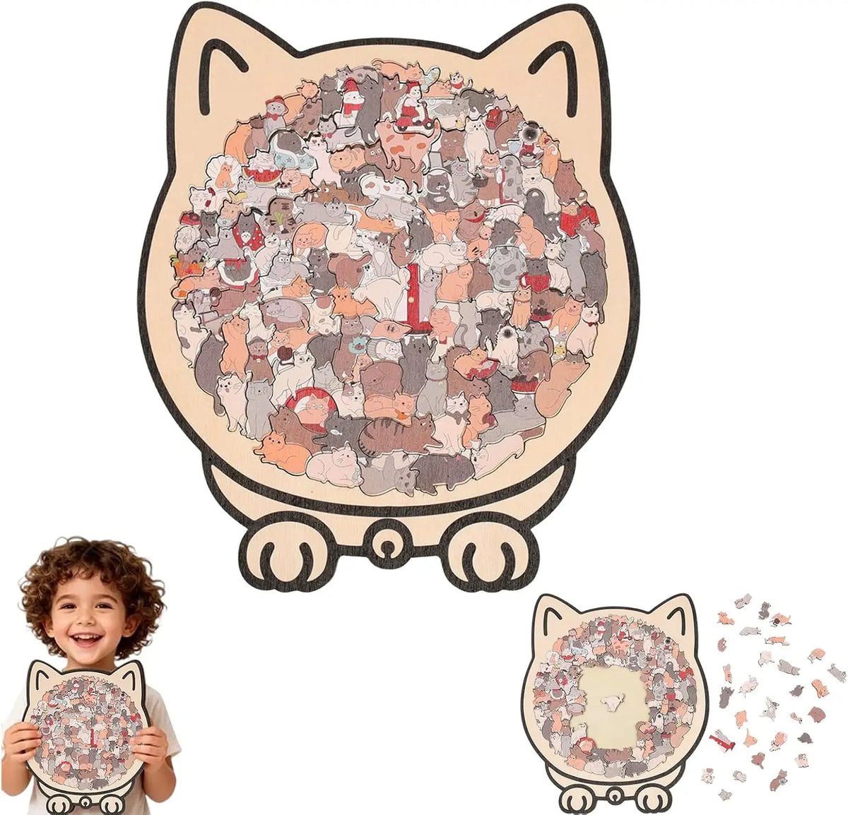 A wooden cat-shaped jigsaw puzzle featuring a crowd of cats and a red number.