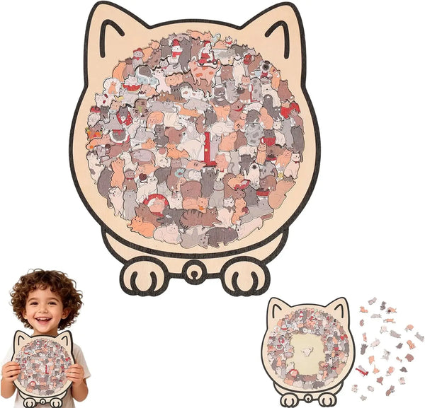 A wooden cat-shaped jigsaw puzzle featuring a crowd of cats and a red number.