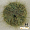 A spherical ball of long-haired alpaca blend yarn in a greenish-brown color, labeled as 15.