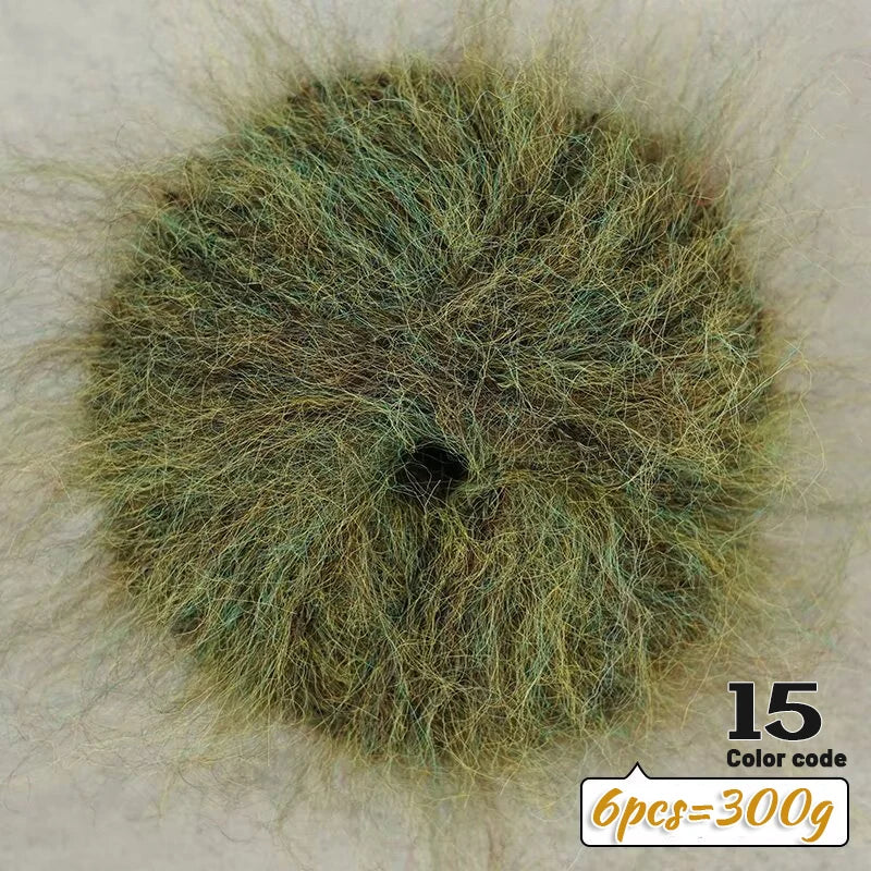 A spherical ball of long-haired alpaca blend yarn in a greenish-brown color, labeled as 15.