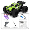 A green off-road remote control car and its accessories including a battery, charging cable, remote control, screwdriver, and