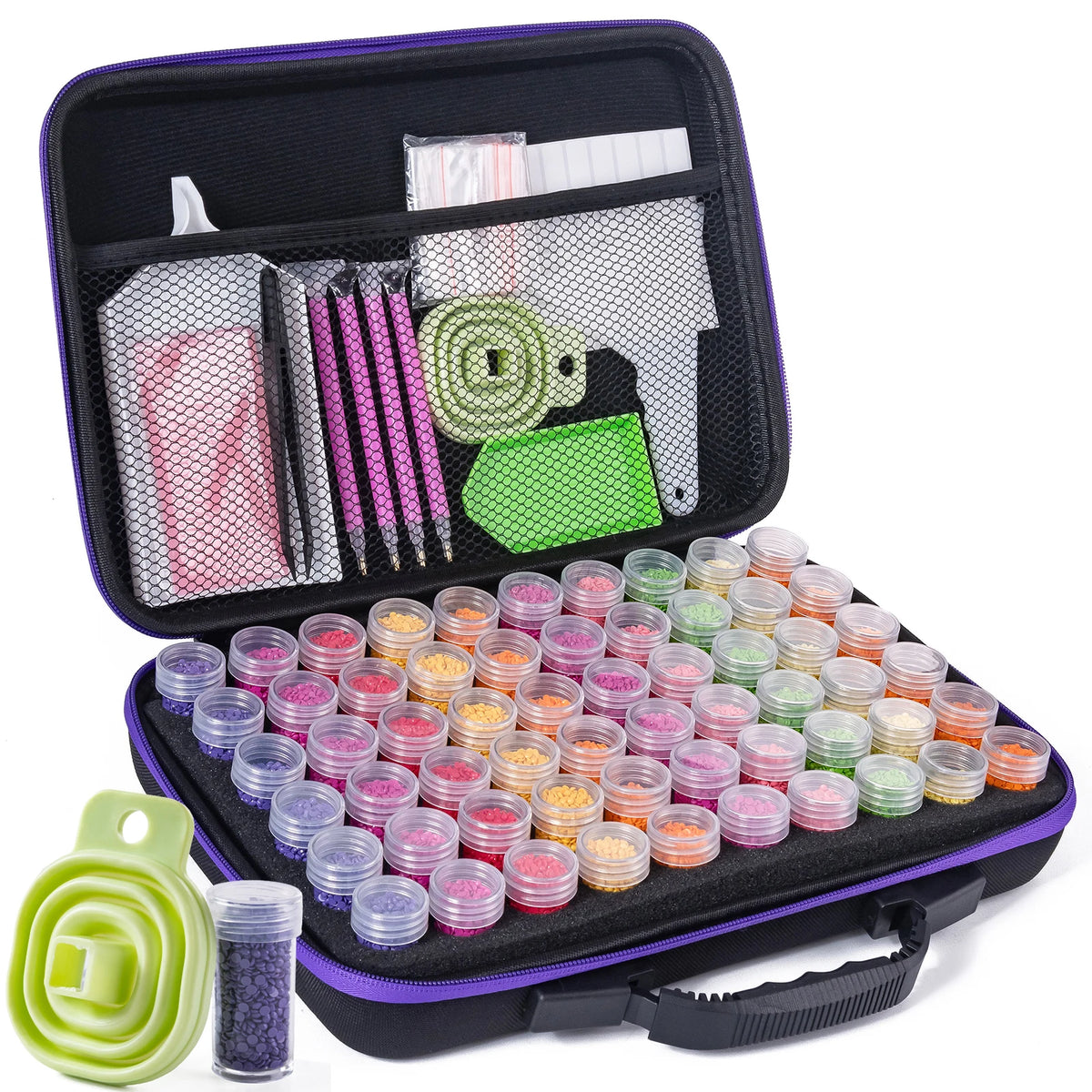 A black storage container for Diamond Art supplies featuring multiple organizer trays and tools.