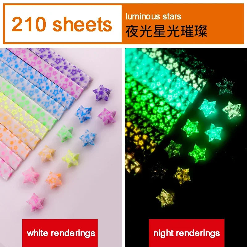 A collection of 210 sheets of luminous star strips in various colors, shown alongside night renderings.
