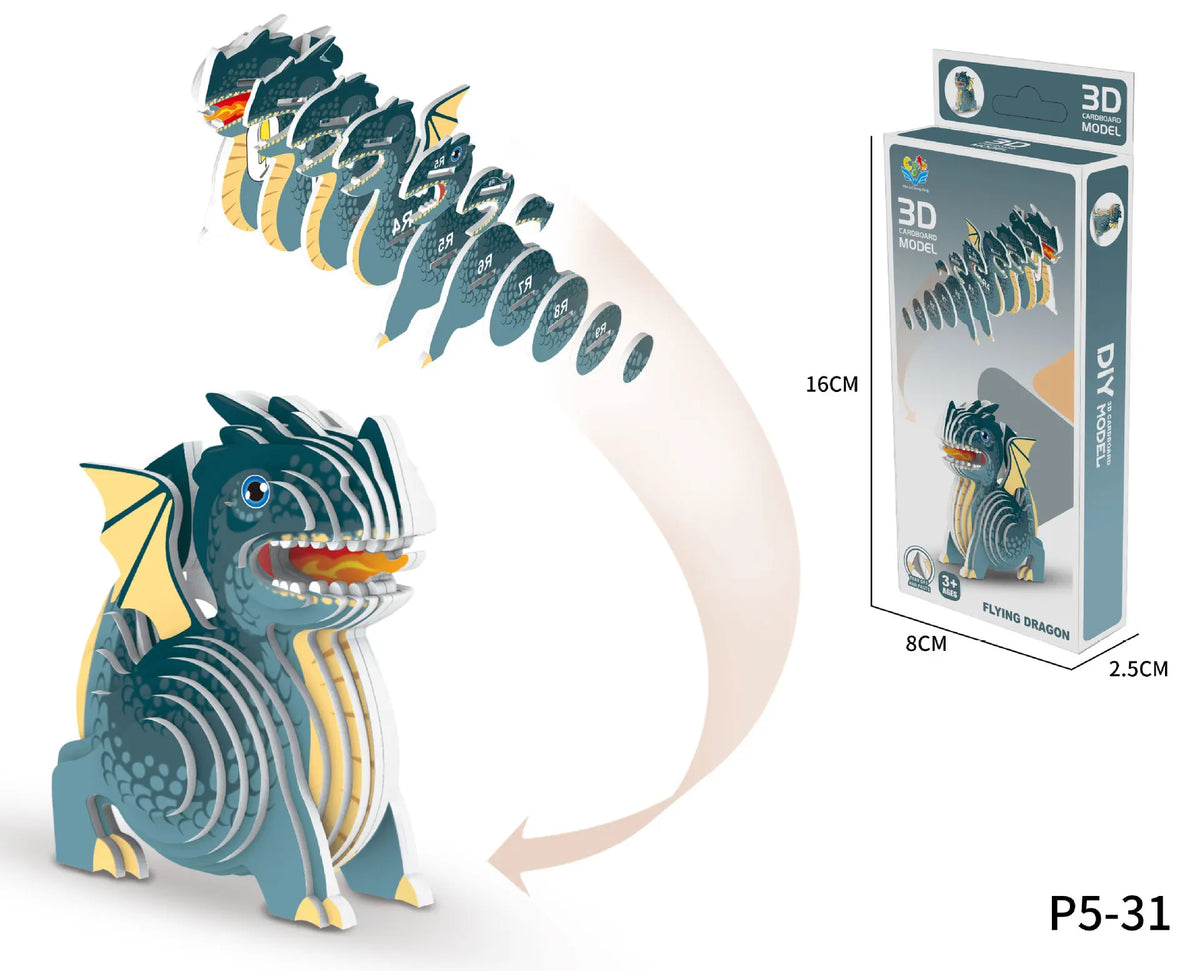 A 3D model of a flying dragon dinosaur puzzle set featuring a dinosaur figure and an instruction box.
