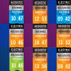 A grid showing various coated acoustic guitar strings in different colors and gauges like bronze, silver, and gold.