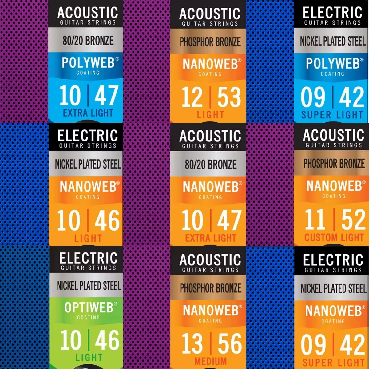 A grid showing various coated acoustic guitar strings in different colors and gauges like bronze, silver, and gold.