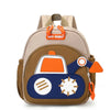 A tan backpack featuring a cartoon orange and blue digger truck design for children.