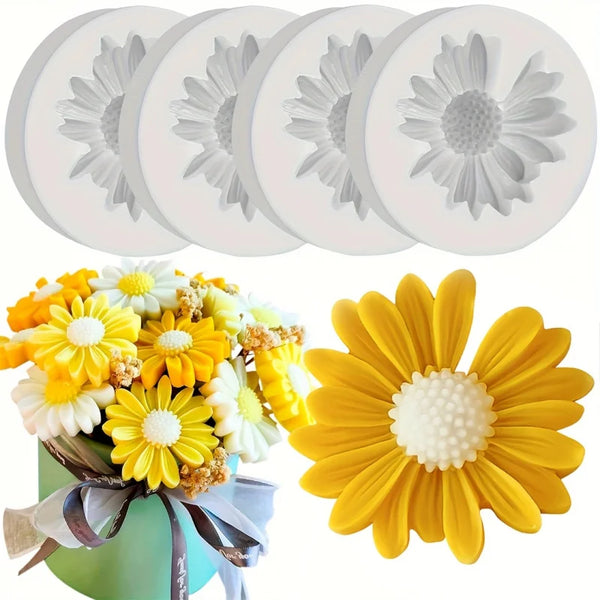 A set of four silicone molds shaped like daisy flowers for crafting, shown alongside a fresh yellow and white flower bouquet.