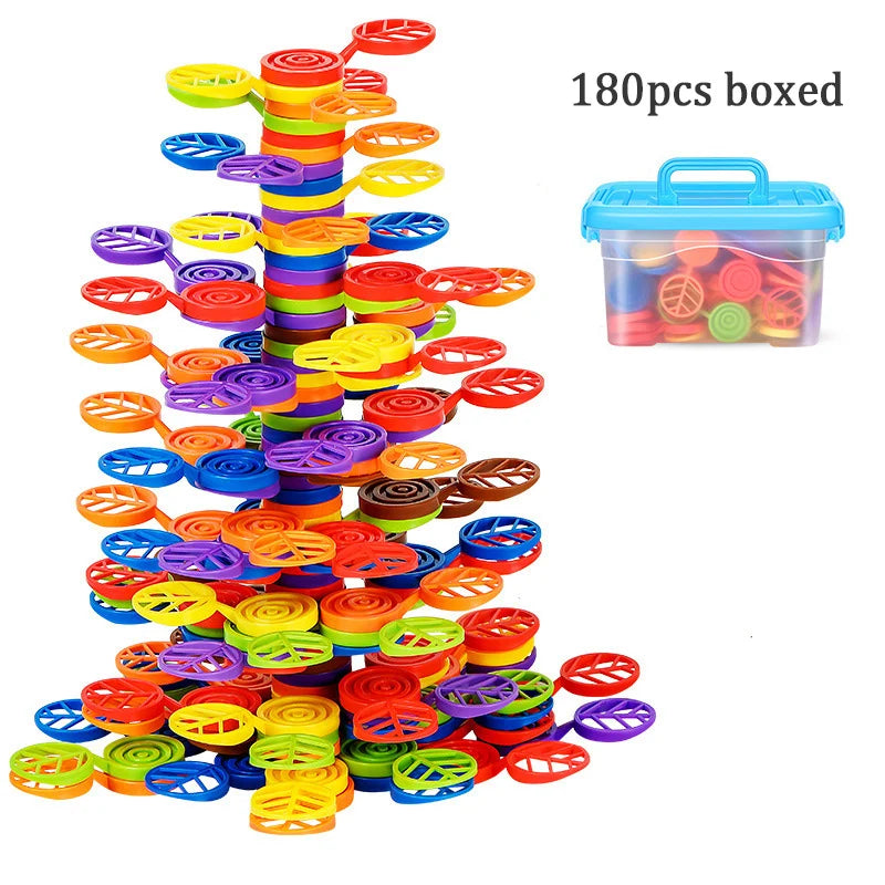 180 pieces of rainbow colored balance tree stacking blocks for kids in a clear plastic box