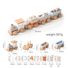 A wooden train toy set with glass beads and various sized blocks used for Montessori educational play.