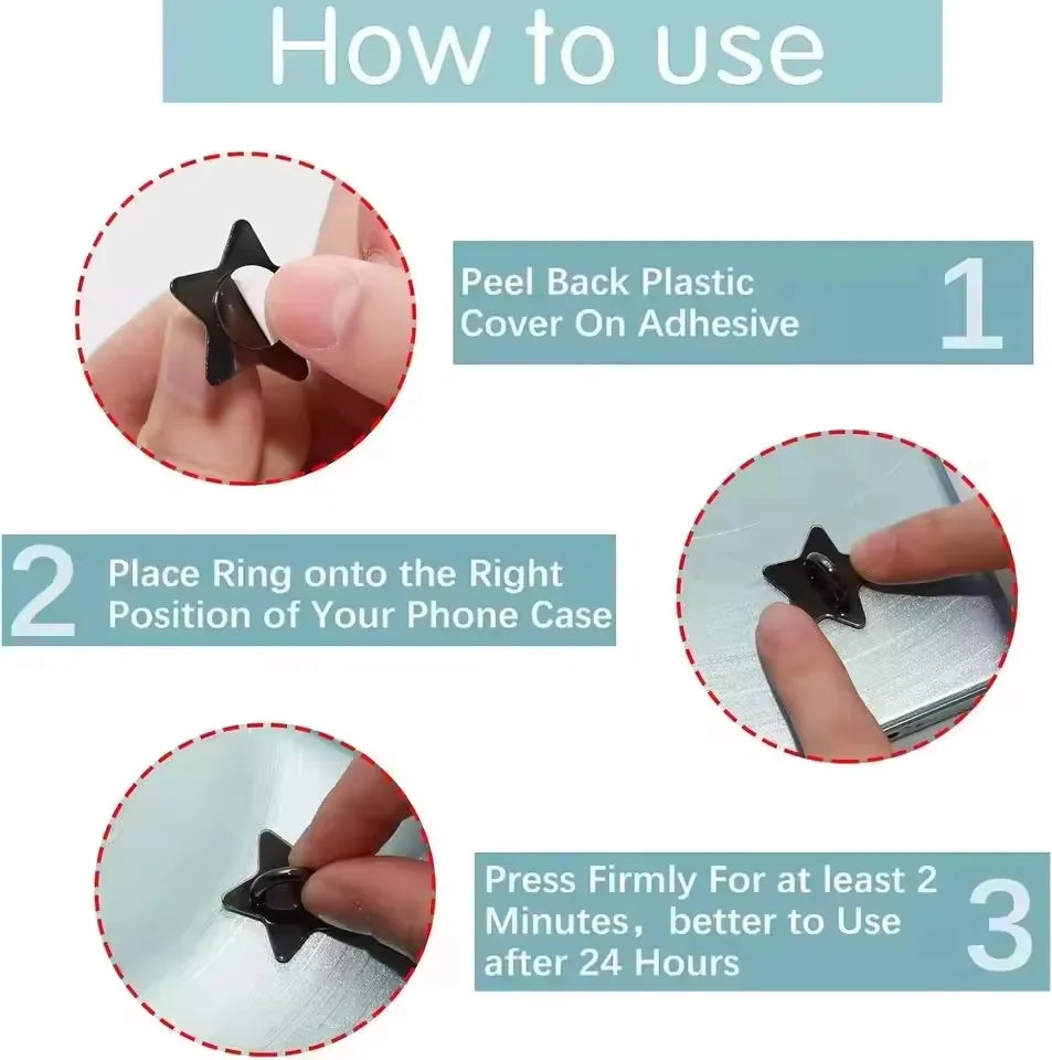 Instructions showing how to use a decorative phone charm hook with adhesive backing, including peeling the plastic cover and 