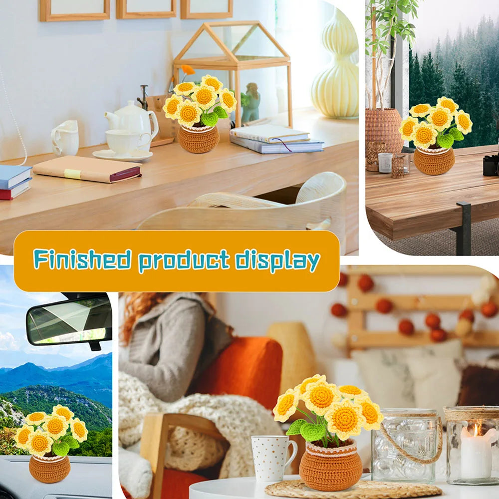 Finished product display of a DIY potted plant crochet kit with video tutorials for beginners featuring yellow flowers.
