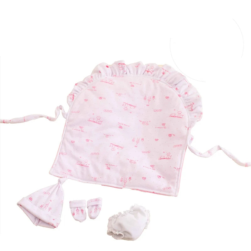 Pink cozy winter romper outfit for 12-inch reborn dolls with attached booties and a matching bonnet
