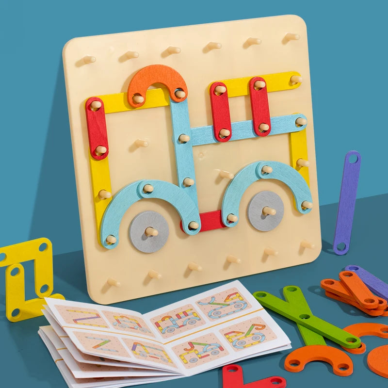 A wooden pegboard puzzle set with colorful wooden pegs and a wooden puzzle board for toddlers.