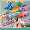 Colorful matching dinosaur figures and various paint colors displayed on a gray background.