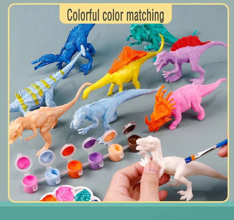 Colorful matching dinosaur figures and various paint colors displayed on a gray background.