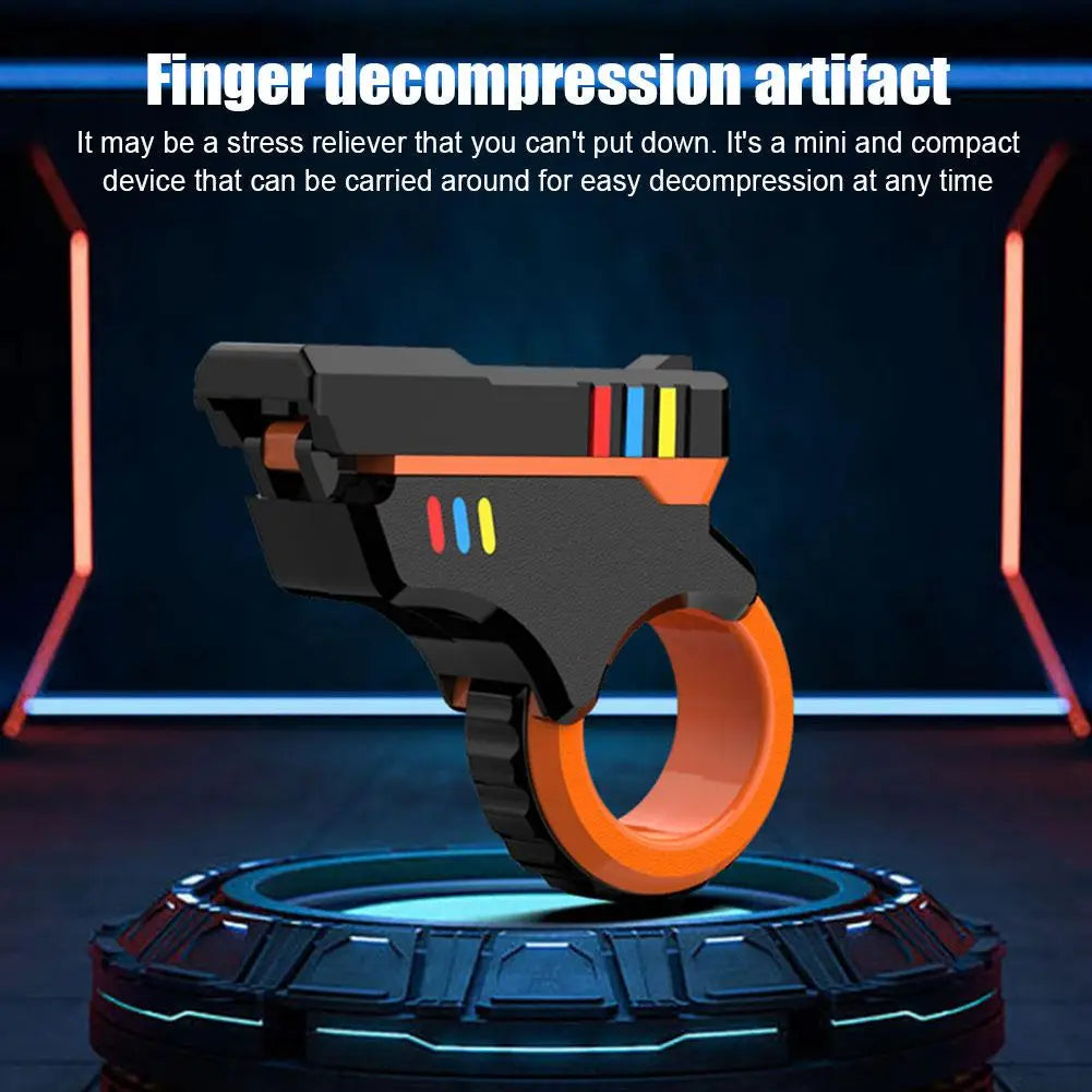 A black rotary finger slider fidget toy with an orange ring resting on a blue circular base.