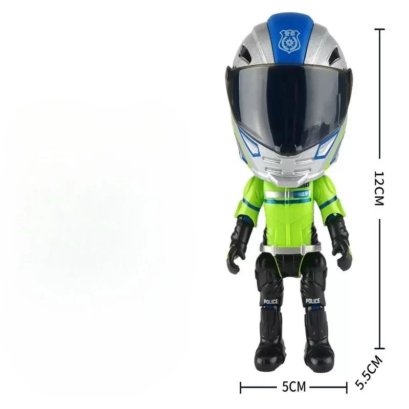 A miniature collectible of an alloy motorcycle helmet and figure in green and black attire.