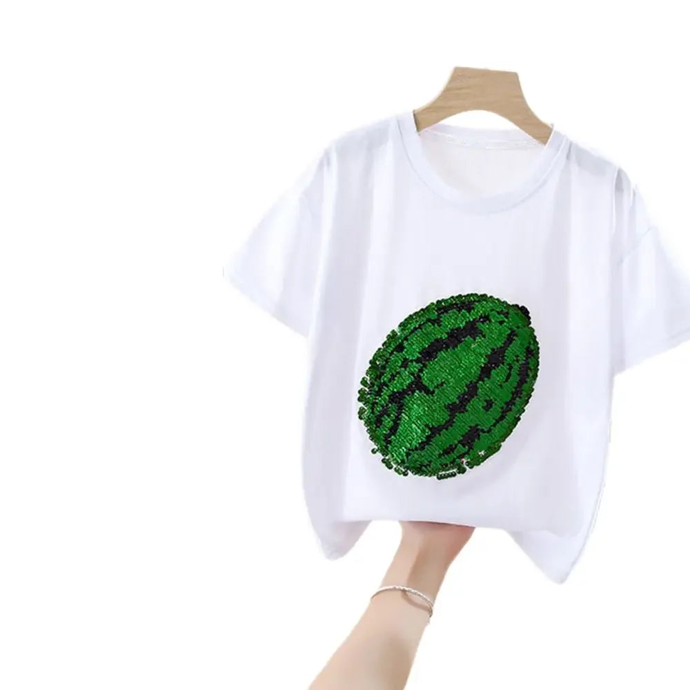 White t-shirt with a green sequin watermelon design on the chest