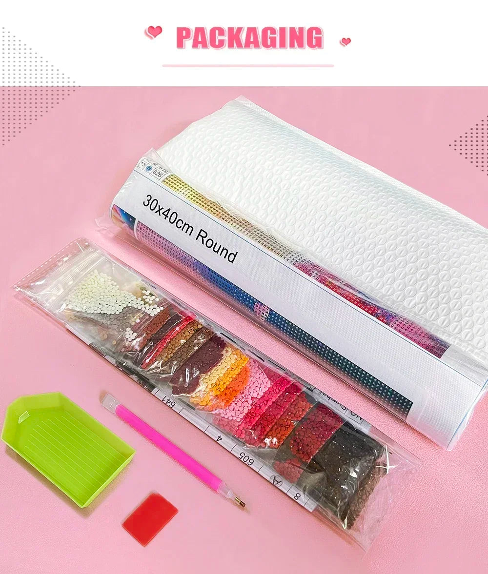 Diamond painting kit packaging showing a roll of white canvas and various colored beads and drills.