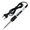 A black soldering iron with a digital display and adjustable temperature, connected by a coiled wire.