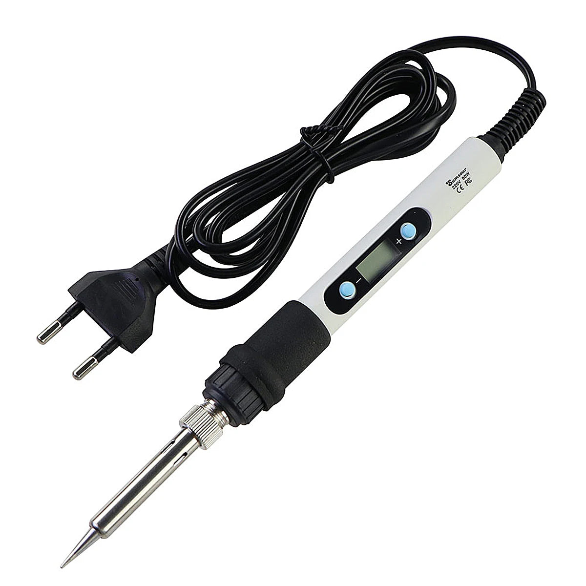 A black soldering iron with a digital display and adjustable temperature, connected by a coiled wire.