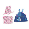 A set of pink and purple clothing for a doll, including a shirt and overalls with a cat print design.