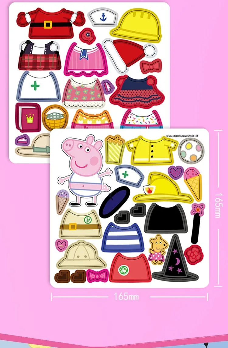A set of magnetic dress-up accessories for Peppa Pig characters including dresses, hats, and other items.