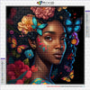 A detailed diamond painting of an African woman's portrait featuring vibrant flowers and butterfly elements.