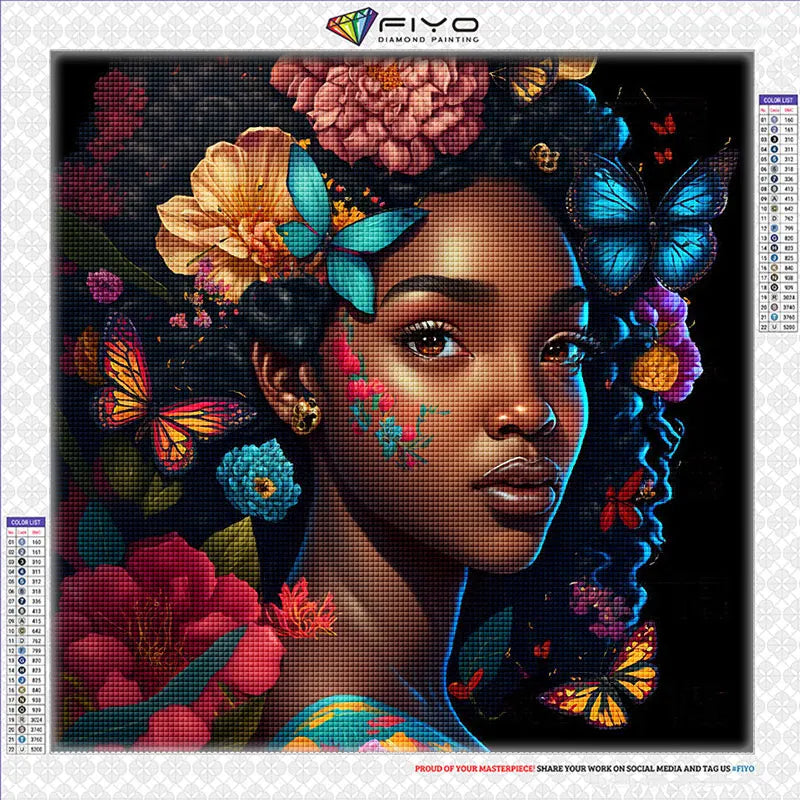 A detailed diamond painting of an African woman's portrait featuring vibrant flowers and butterfly elements.