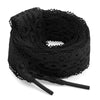 Black flat elastic silk lace shoelaces coiled and with tips visible