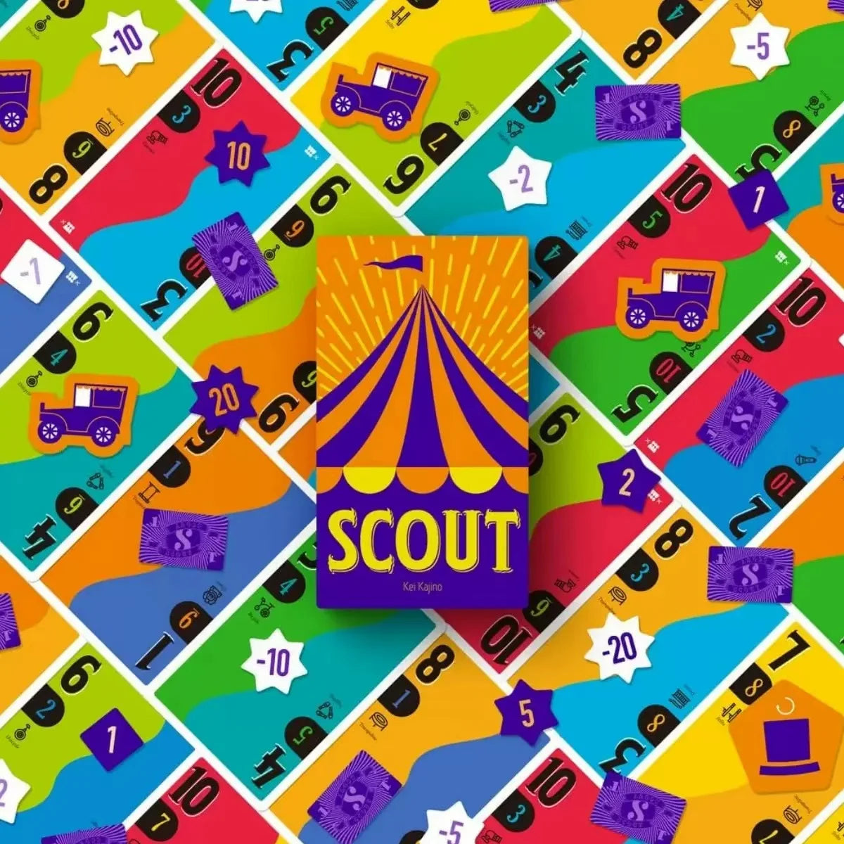 A colorful game card layout featuring a Scout theme with various numbered cards and a central Scout card.