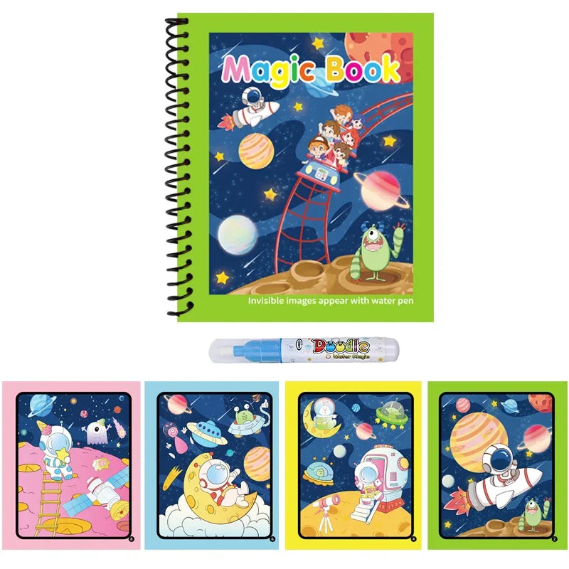 A colorful magic book featuring illustrations of space and magical elements with an invisible image effect.